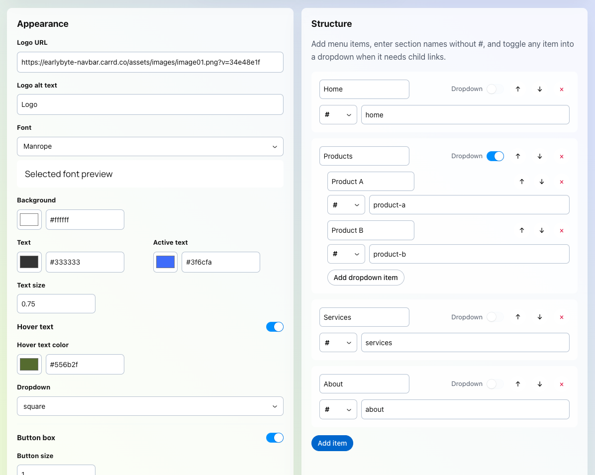 Earlybyte Navbar Builder Menü